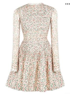 Long-Sleeve Floral Pleated Mini Dress in Cream and Pink